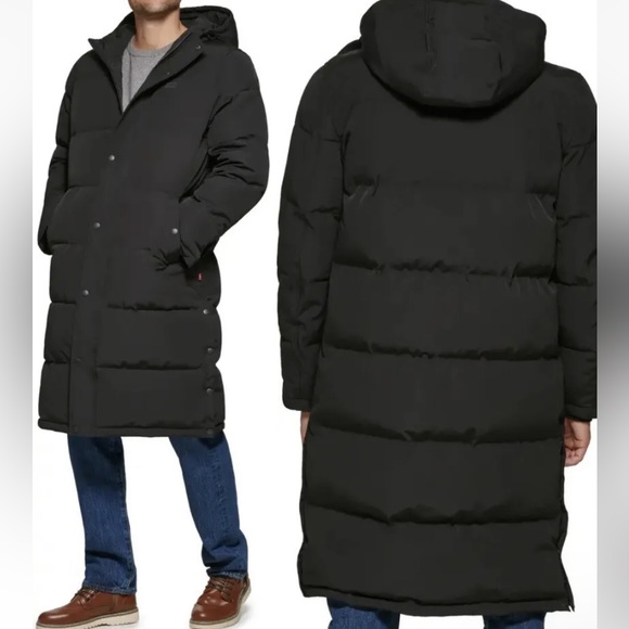 Levi's Men's Black Long Hooded Puffer Parka Jacket Heavyweight Coat Size XL - Picture 1 of 8